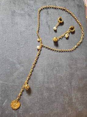 Mayamar 24k Dipped Bracelet And Earrings Set Paperclip Chain Pearls NEW